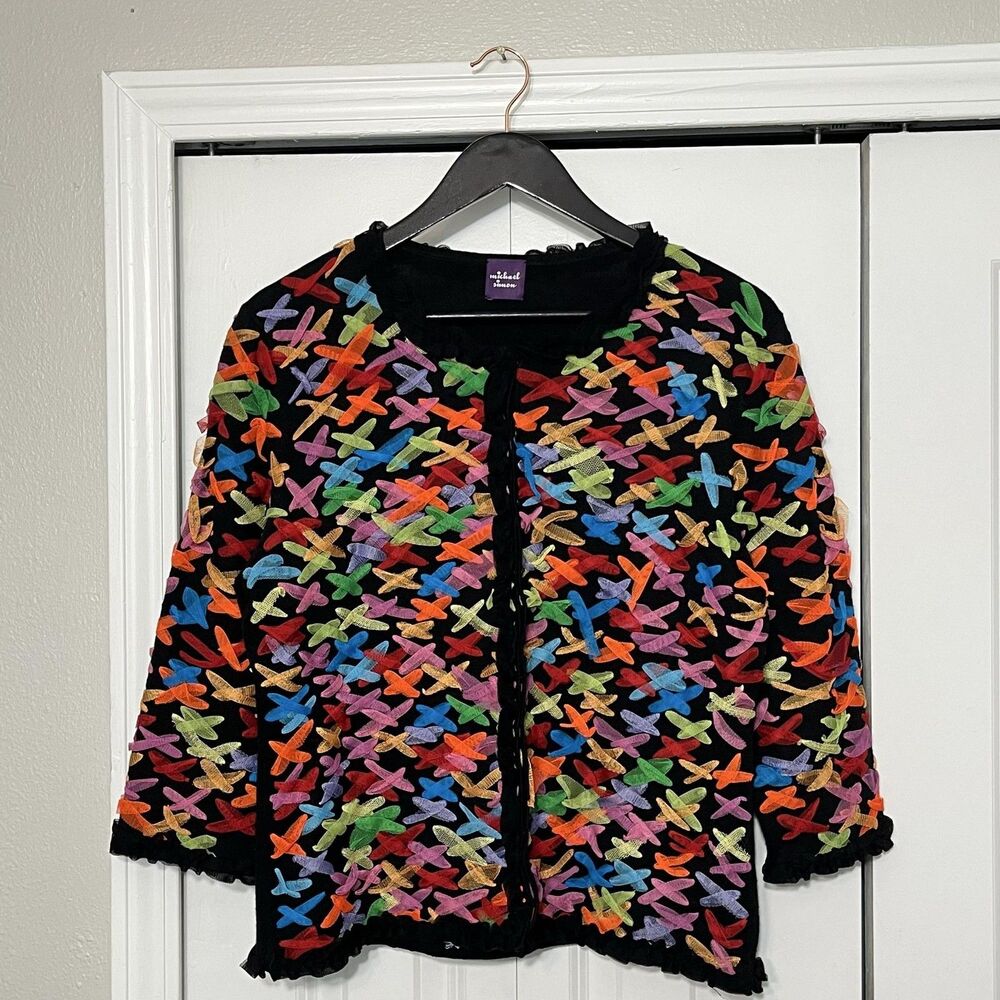 Michael Simon Cardigan Sweater Womens Large Black Multicolor Embroidered Ruffle